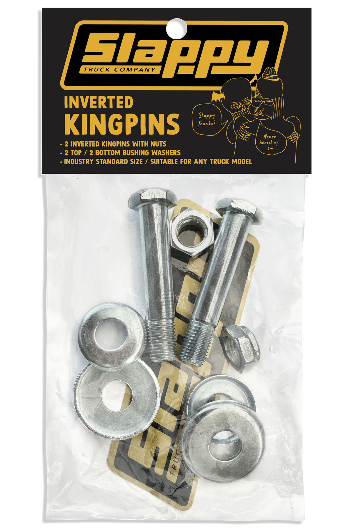 Slappy truck company inverted kingpins packaging with metal components.