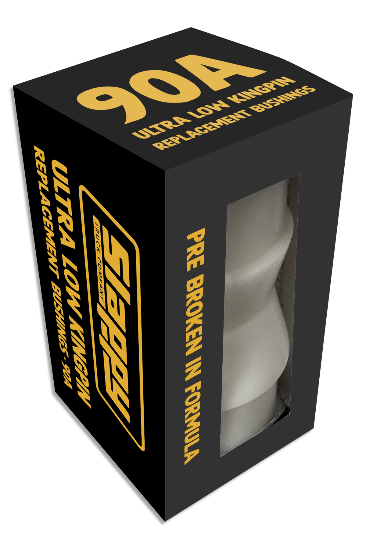 Slippery 90A ultra low kingpin replacement bushings packaging with clear window