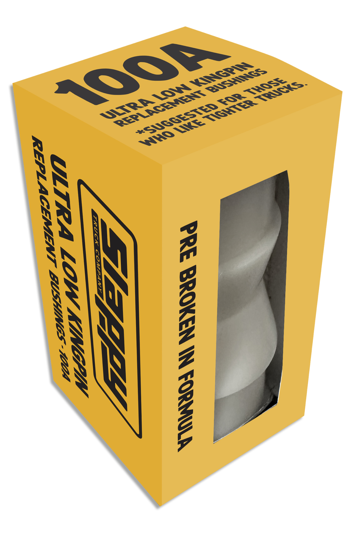 Yellow box with a clear window displaying a product, featuring text about ultra low kingpin replacement bushings.