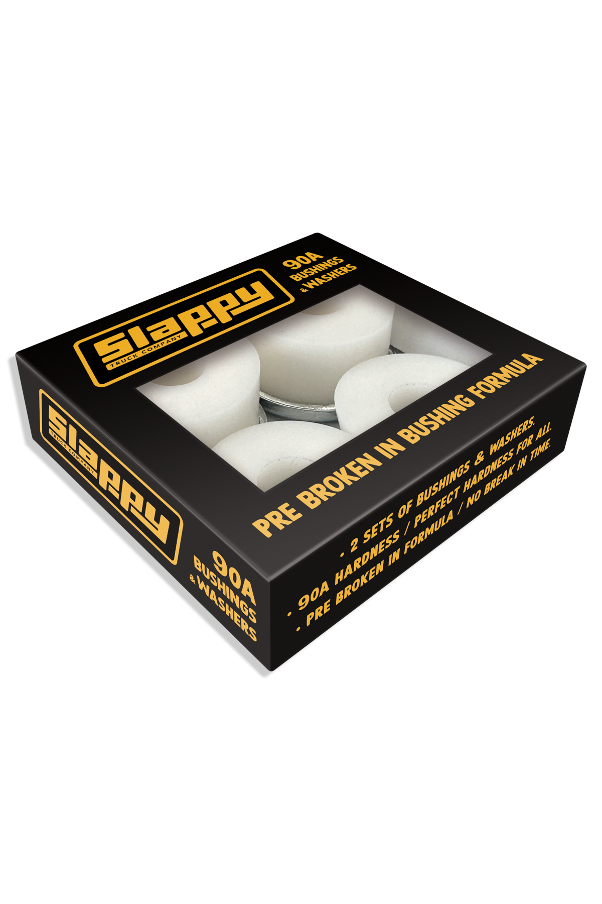 Box of Slappy pre-hardened bushings with black and yellow branding on a white background